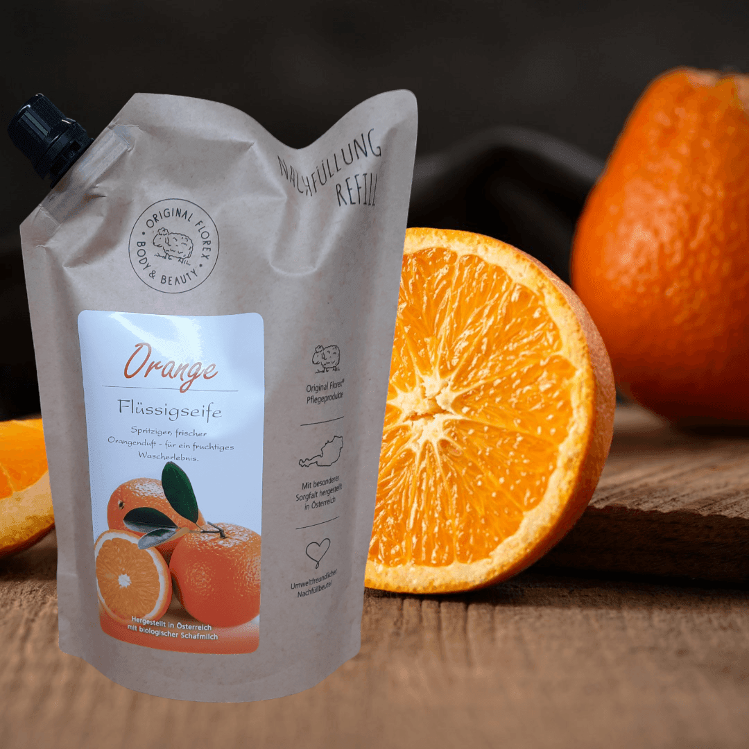 Florex Schafmilch Flüssigseife Nachfüllbeutel 1000 ml, Orange - Seifenwelt.ch